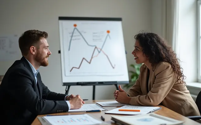 A specialist and a managing director discussing documents at a table in front of a flipchart with curves