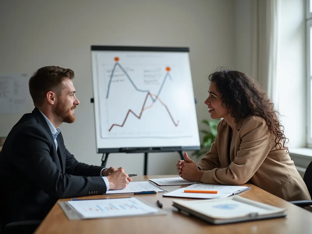 A specialist and a managing director discussing documents at a table in front of a flipchart with curves