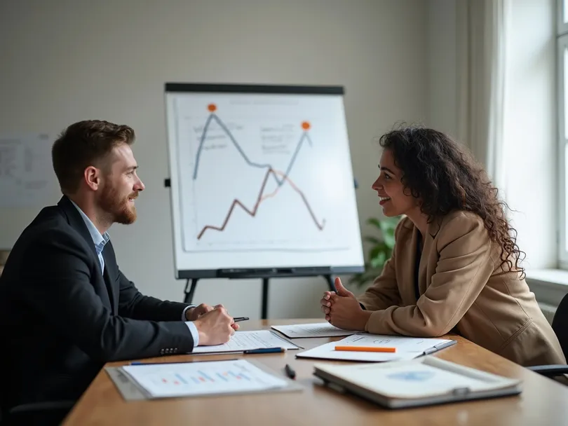 A specialist and a managing director discussing documents at a table in front of a flipchart with curves