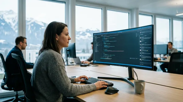 A developer reviews AI-generated code on a screen in a modern office