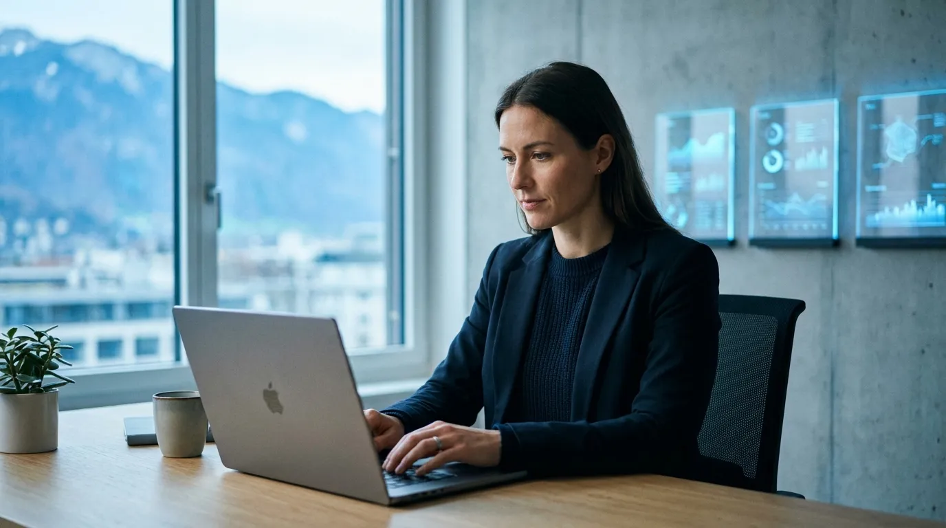 Person in a modern Swiss office working with AI assistants on a laptop