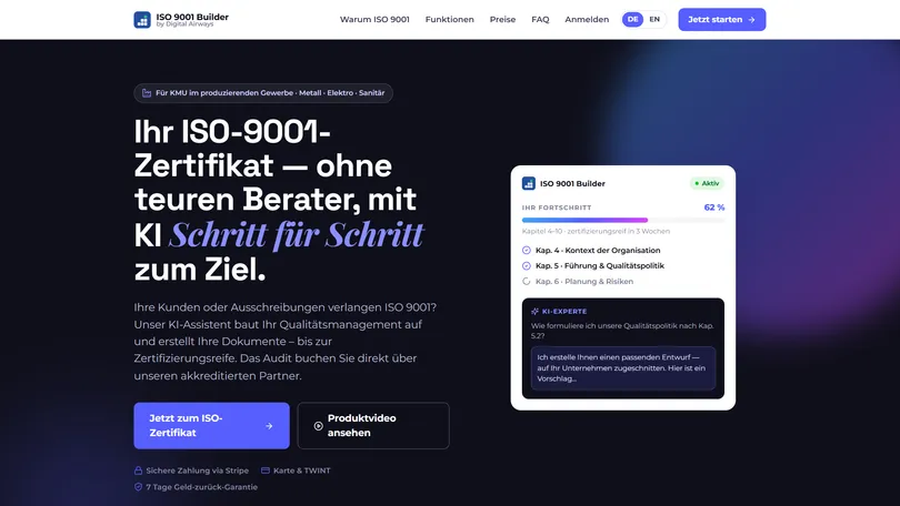 The ISO 9001 Builder landing page — the AI platform on the way to ISO 9001 certification