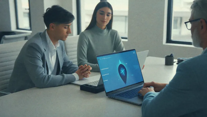 Team in a modern Swiss office working with AI tools on a laptop