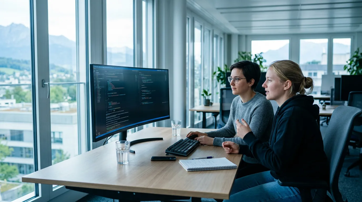Two developers working together on code in a modern Swiss office